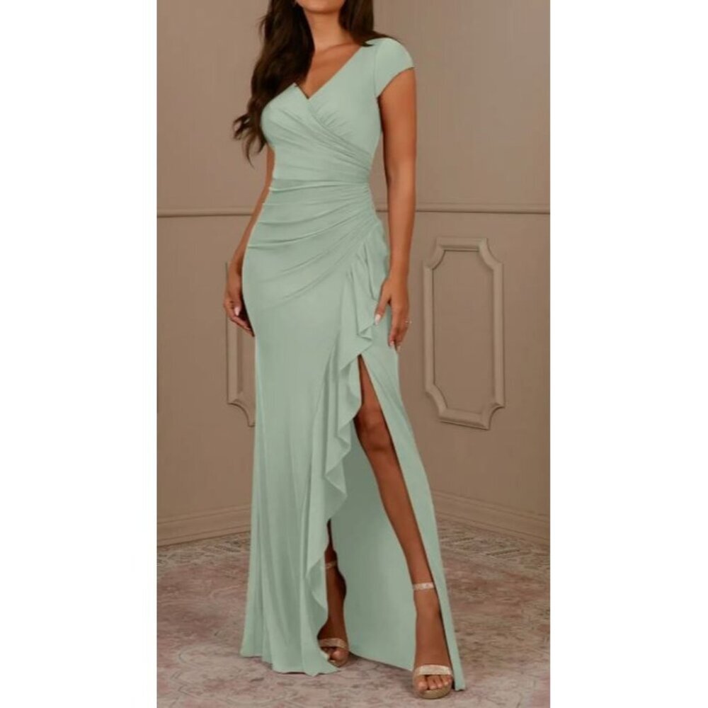 Azazie Roya Stretch Dusty Sage Mermaid VNeck Pleated Mesh Dress Women Size 2 NWT
